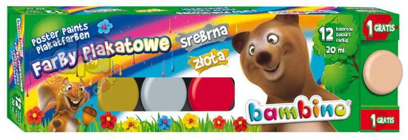 BAMBINO FARBY PLAKATOWE 12 kolorów w tym srebrna, złota, kolor cielisty /20 ml 1581